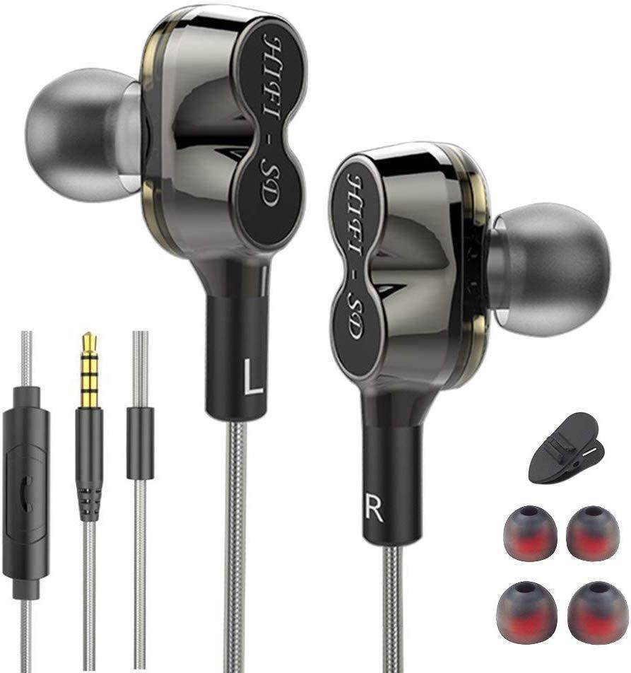CLOUDMUSIC Ear Buds in-Ear Earphones Noise Isolating Headphones Wired Bass with Mic HiFi Music for Phones (Dual Drivers, Black)
