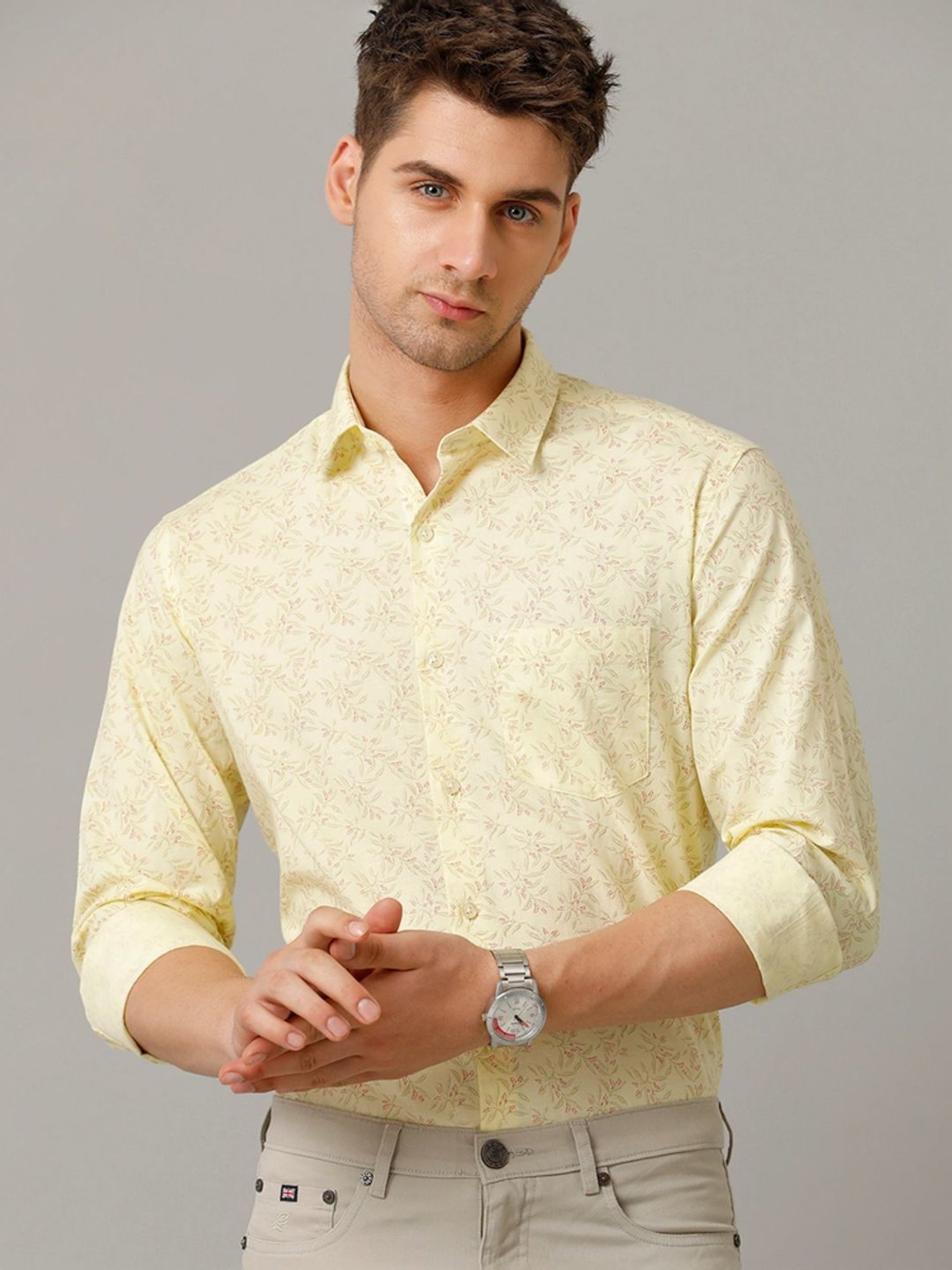 Cavallo By Linen Club Yellow Linen Contemporary Fit Printed Shirt