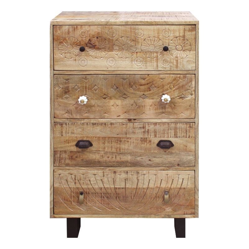 4 Drawer Handmade Wooden Accent Chest with Carved Drawer Front Brown/Black - The Urban Port