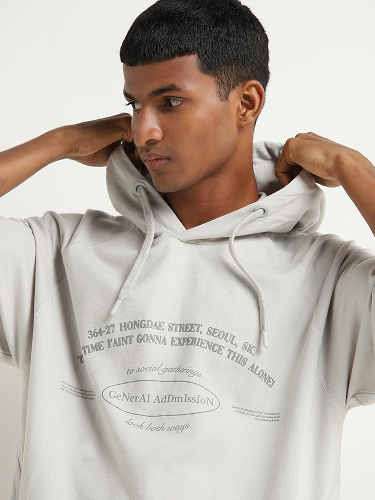 Studiofit by Westside Light Grey Text Design Relaxed-Fit Hooded T-Shirt