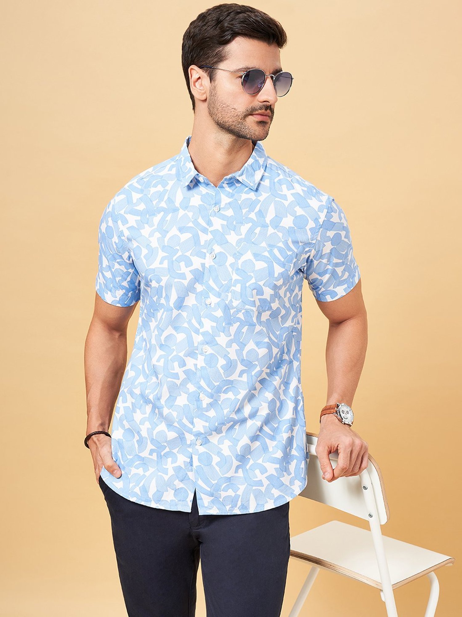 Spykar Blue Cotton Slim Fit Checks Shirt