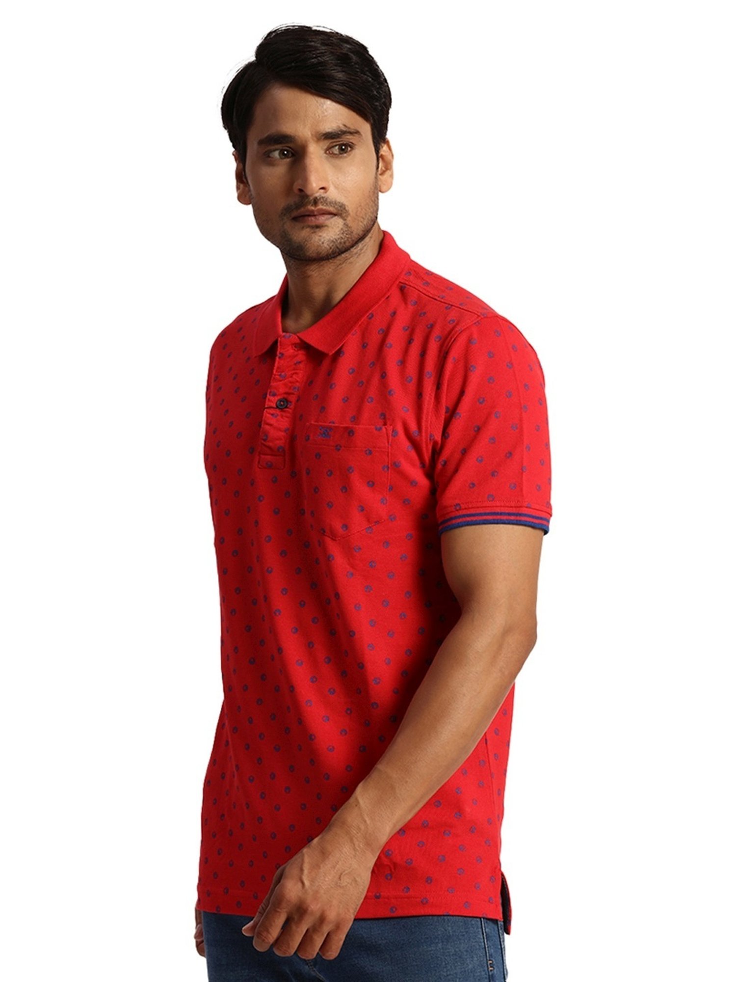 ColorPlus Red Cotton Tailored Fit Printed Polo T-Shirt