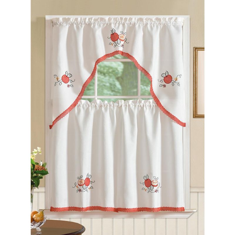 Ramallah Trading Regal Embroidered Apple Kitchen Curtain Set - 60 x 36, Red