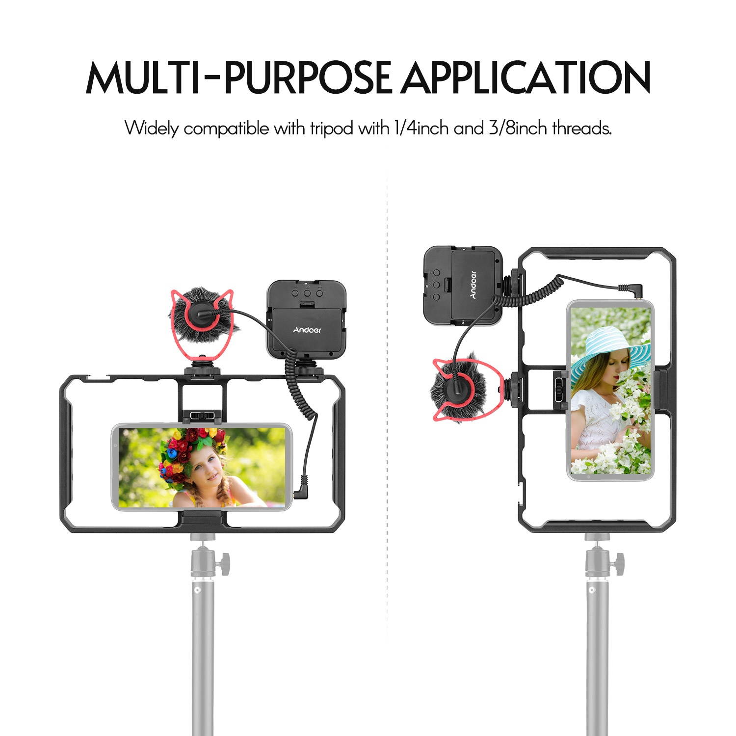 Andoer Smartphone Video Rig Grip with Rig LED Light Microphone with Shock Mount for Vlog Film-making Compatible with iPhone Samsung HUAWEI