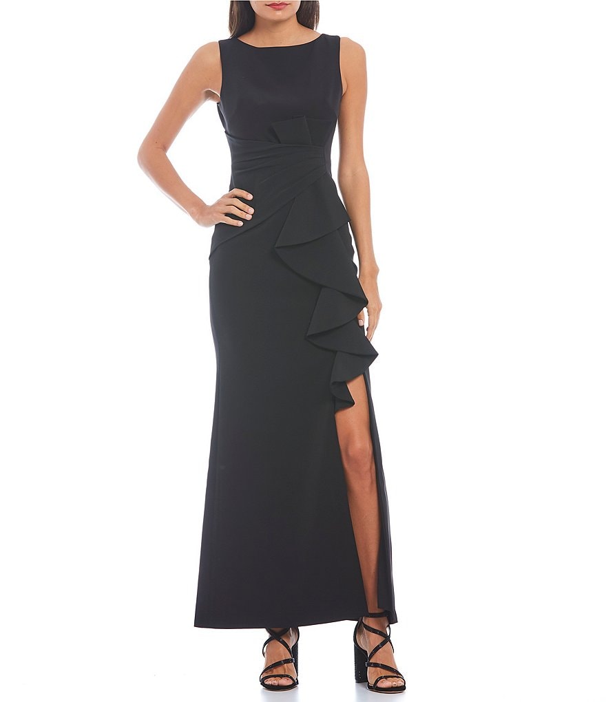 Eliza J Boat Neck Sleeveless Side Slit Wide Strap Ruffle Long Dress