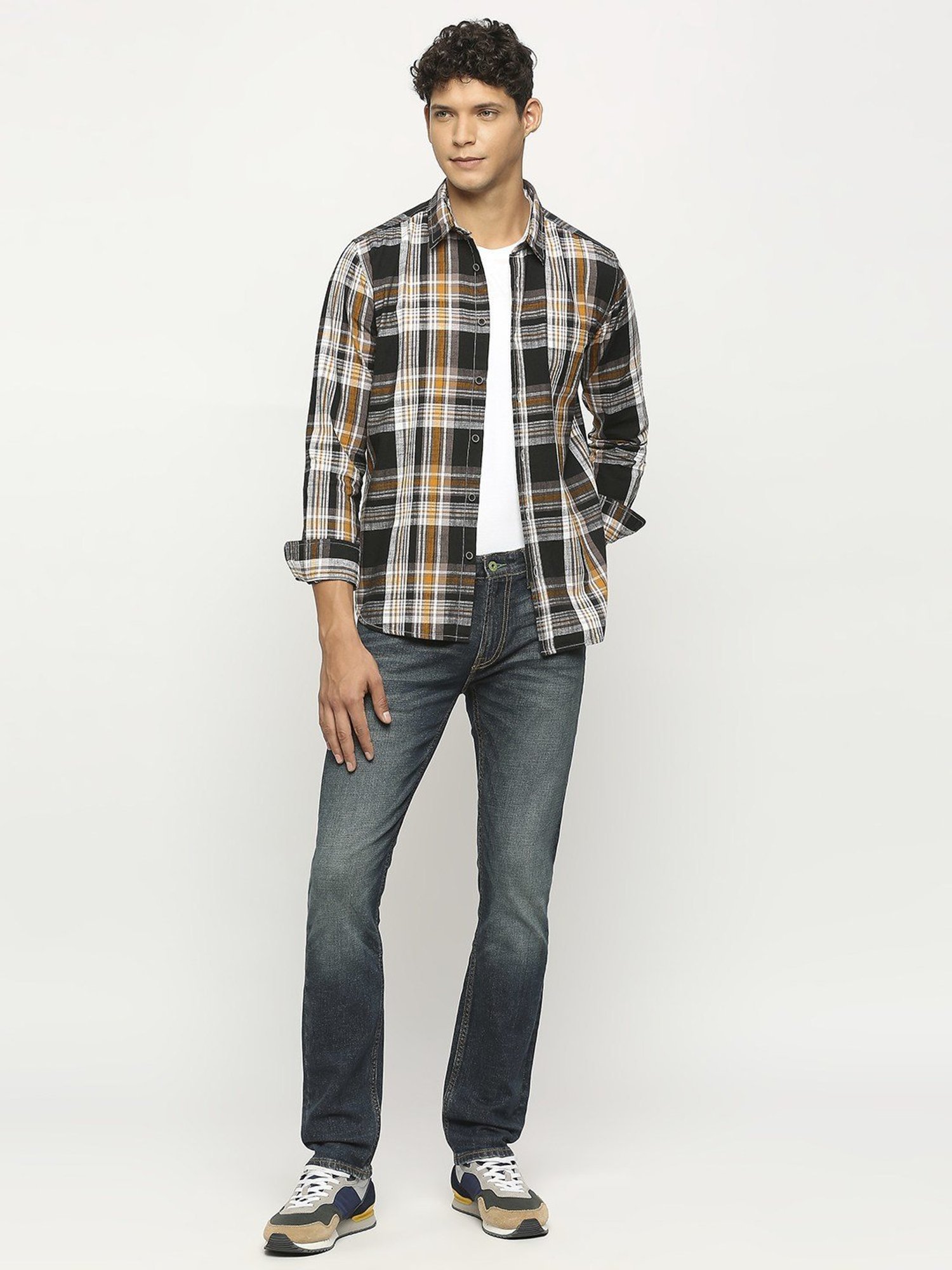 Spykar Blue Cotton Slim Fit Checks Shirt