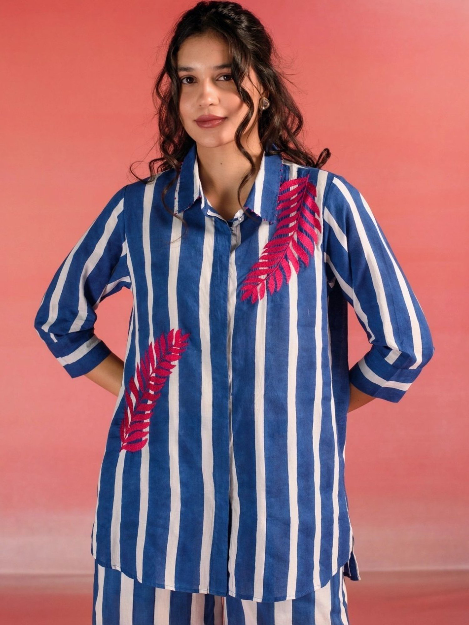 Kameez by Pooja Blue & White Stripes Cotton Shirt with Pant Co-ord Set