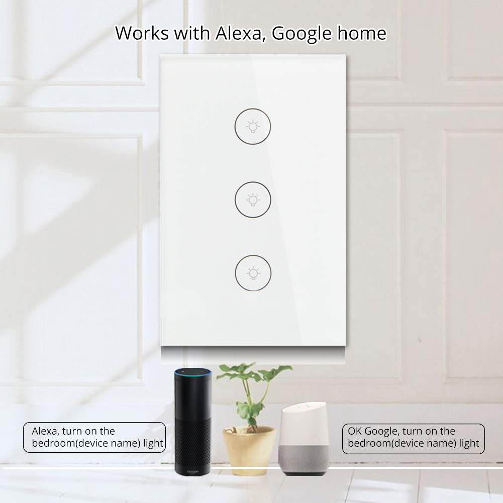 Avatar Controls Smart WiFi Wall Light Touch Panel Switch, Remote Control with Smart Phone, No Hub Required, AC 110-240V, Compatible with Alexa Echo, Works with Google Home, Wall Switch 3 Gang