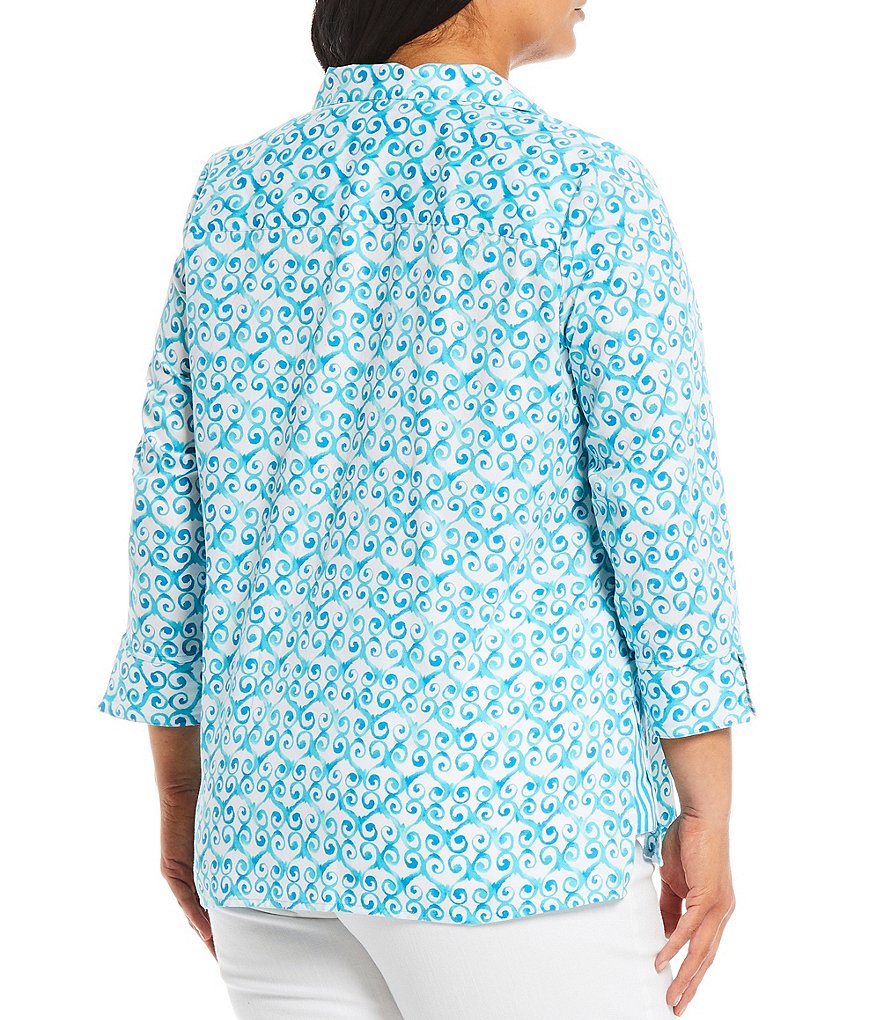 Foxcroft Plus Size Watercolor Trellis Notch Collar Neck 3/4 Sleeve Tunic