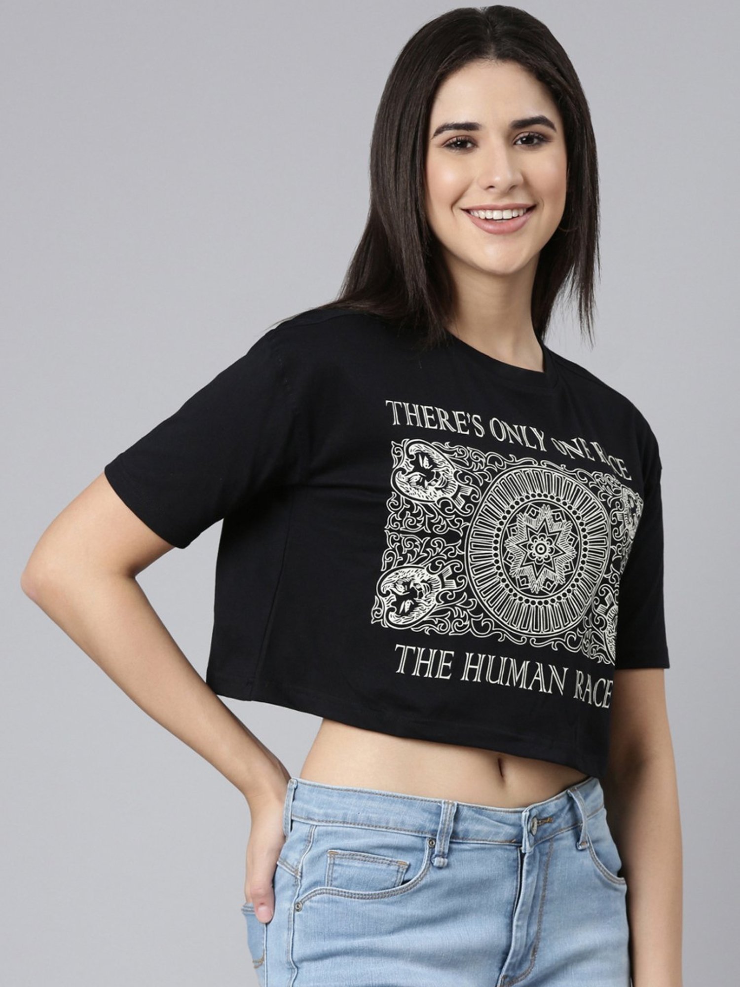 Kryptic Pure Cotton Printed Drop Shoulder Oversized Crop T-Shirt