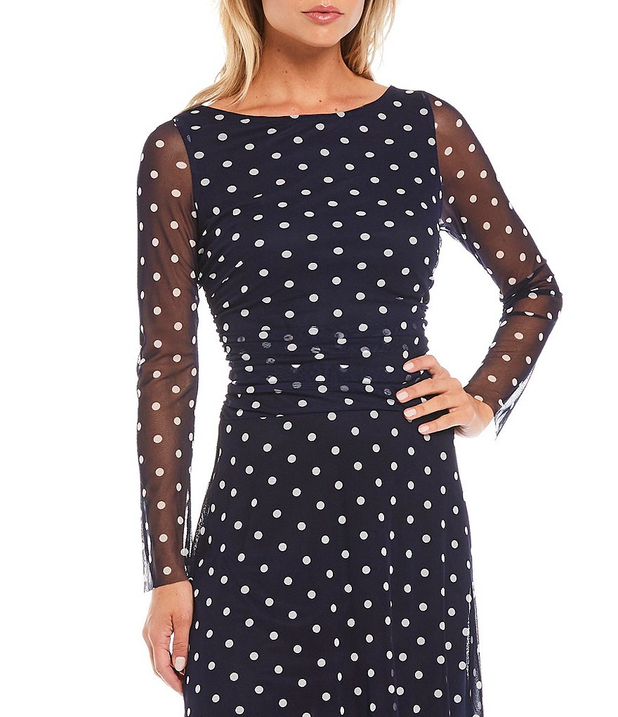 Jessica Howard Long Sleeve Ruched Waist Dotted Mesh Midi Dress