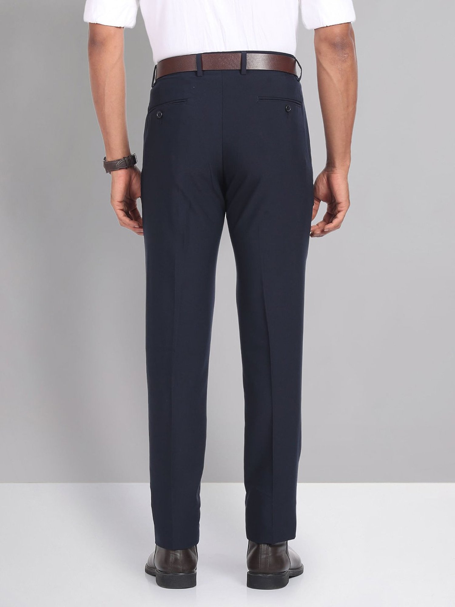 AD by Arvind Navy Slim Fit Flat Front Trousers