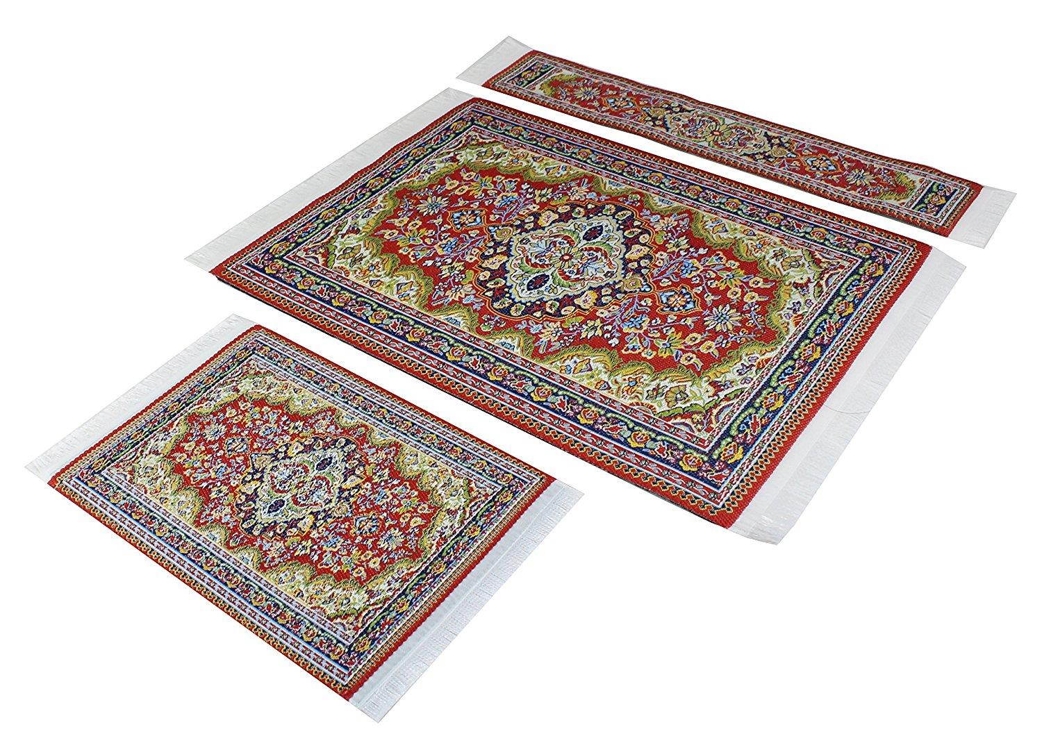 Set of Woven Rug Mouse Pad + Coaster + Bookmark - Oriental Style Carpet Mousemat Miniature Rug (Red)