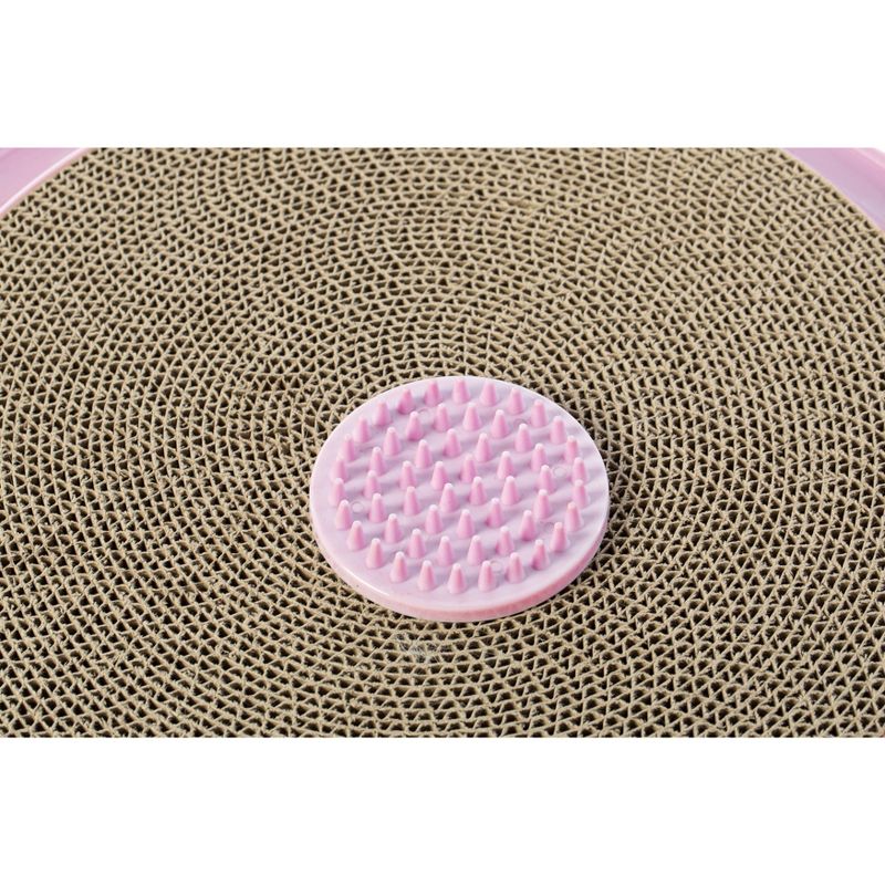 PawsMark Pink 4 in 1 Interactive Round Cat Scratcher, Lounge, Toy and Brush