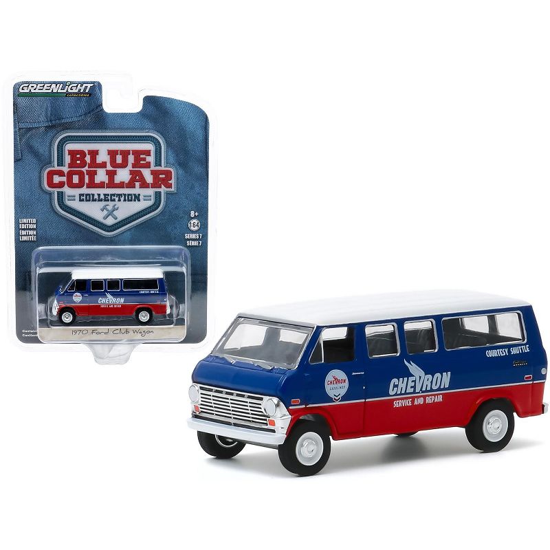 1970 Ford Club Wagon Van "Chevron Service & Repair Courtesy Shuttle" Blue and Red with White Top 1/64 Diecast Model Car by Greenlight