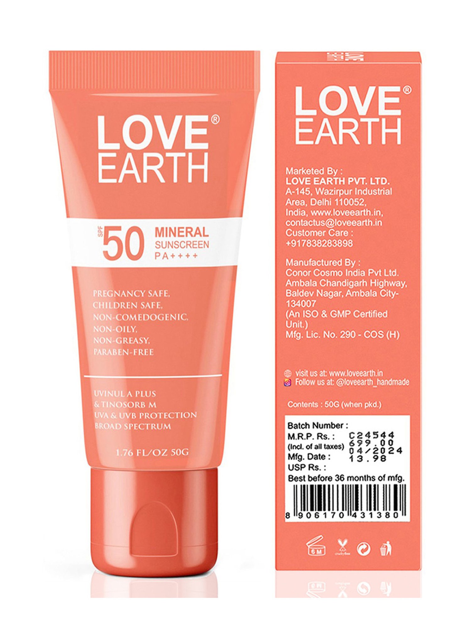 Love Earth Mineral Sunscreen SPF 50 PA++++ - 50 gm