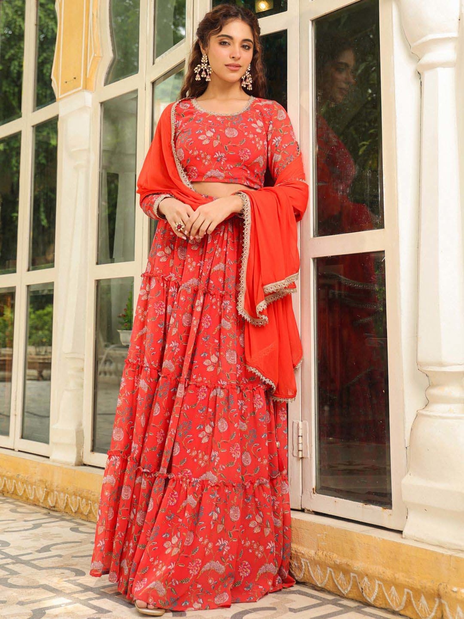 Janasya Red Printed Lehenga Choli Set With Dupatta