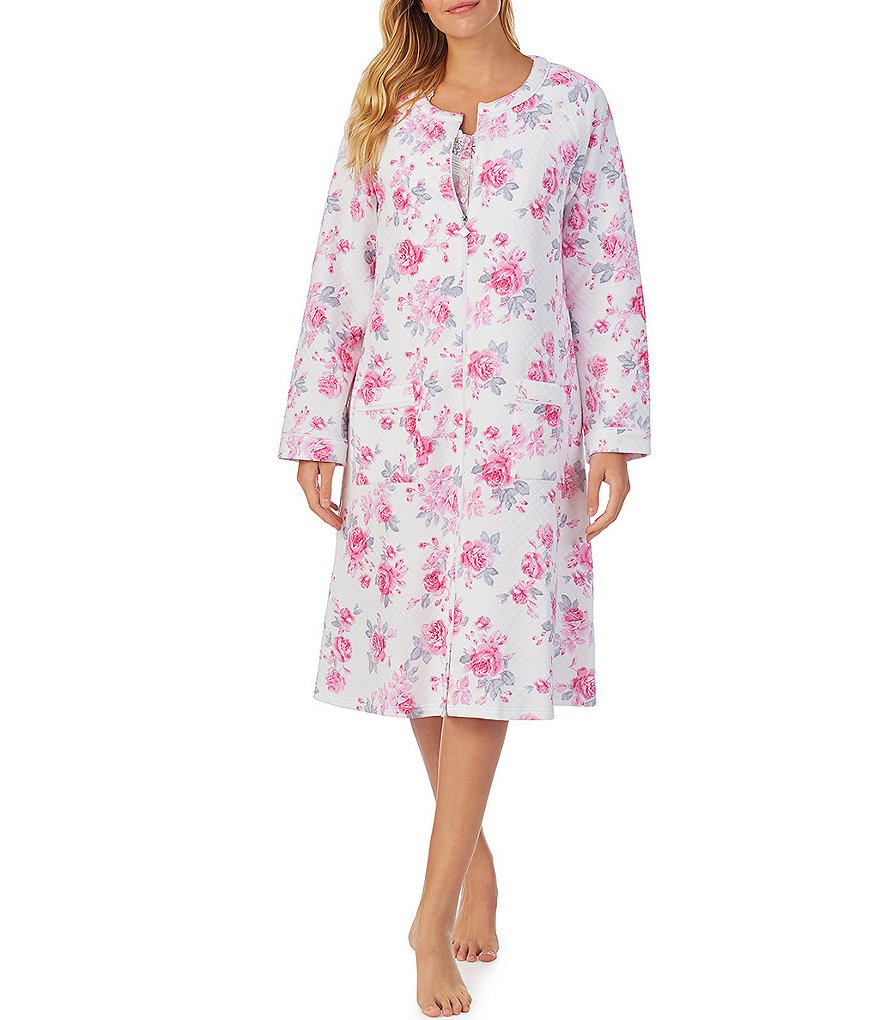 Eileen West Rose Print Diamond Quilt Knit Long Zip-Front Robe