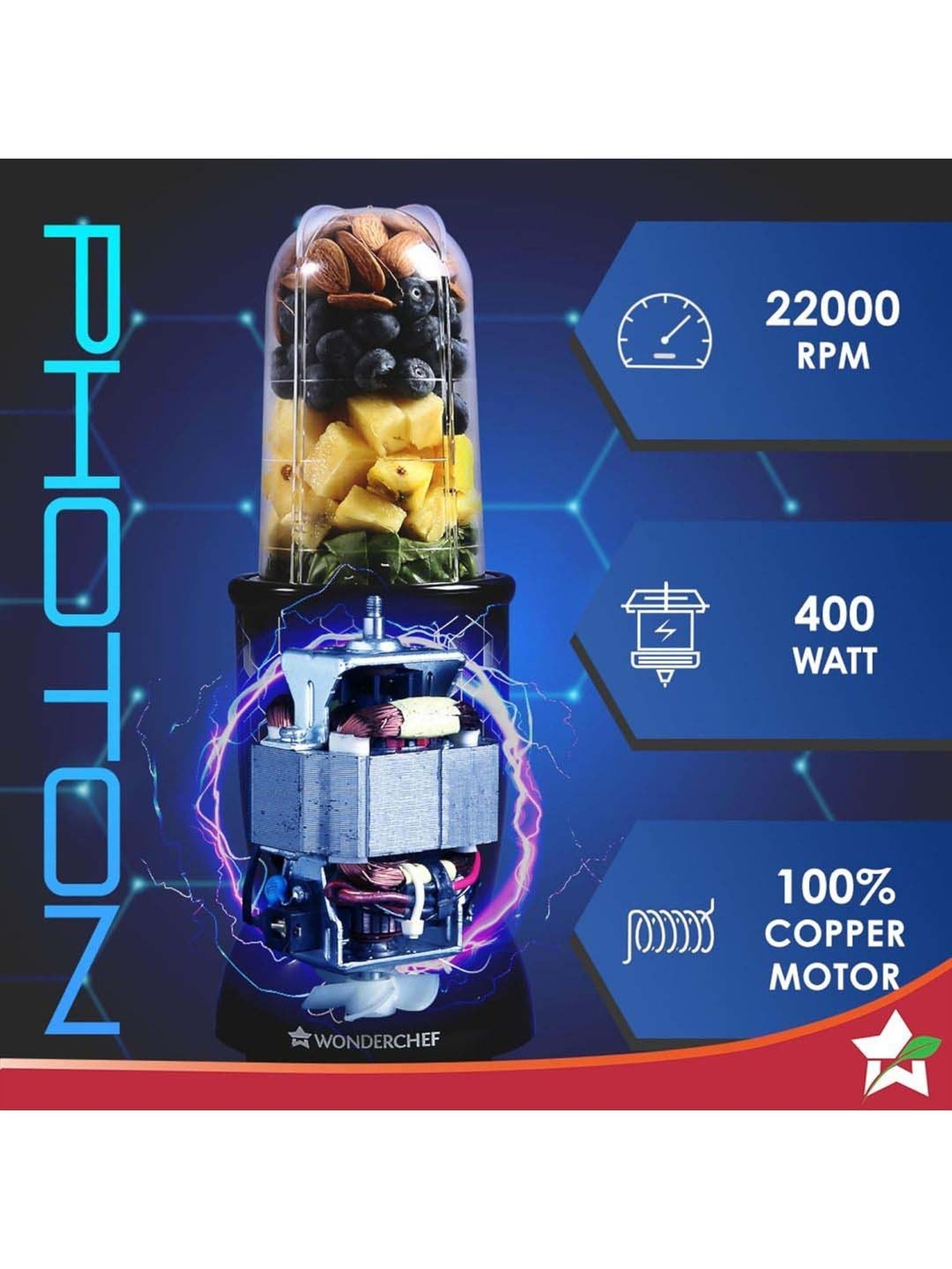 Wonderchef Nutri Blend Photon 400W Mixer- Grinder with 2 Unbreakable Jars & Sipper Lid (Black)