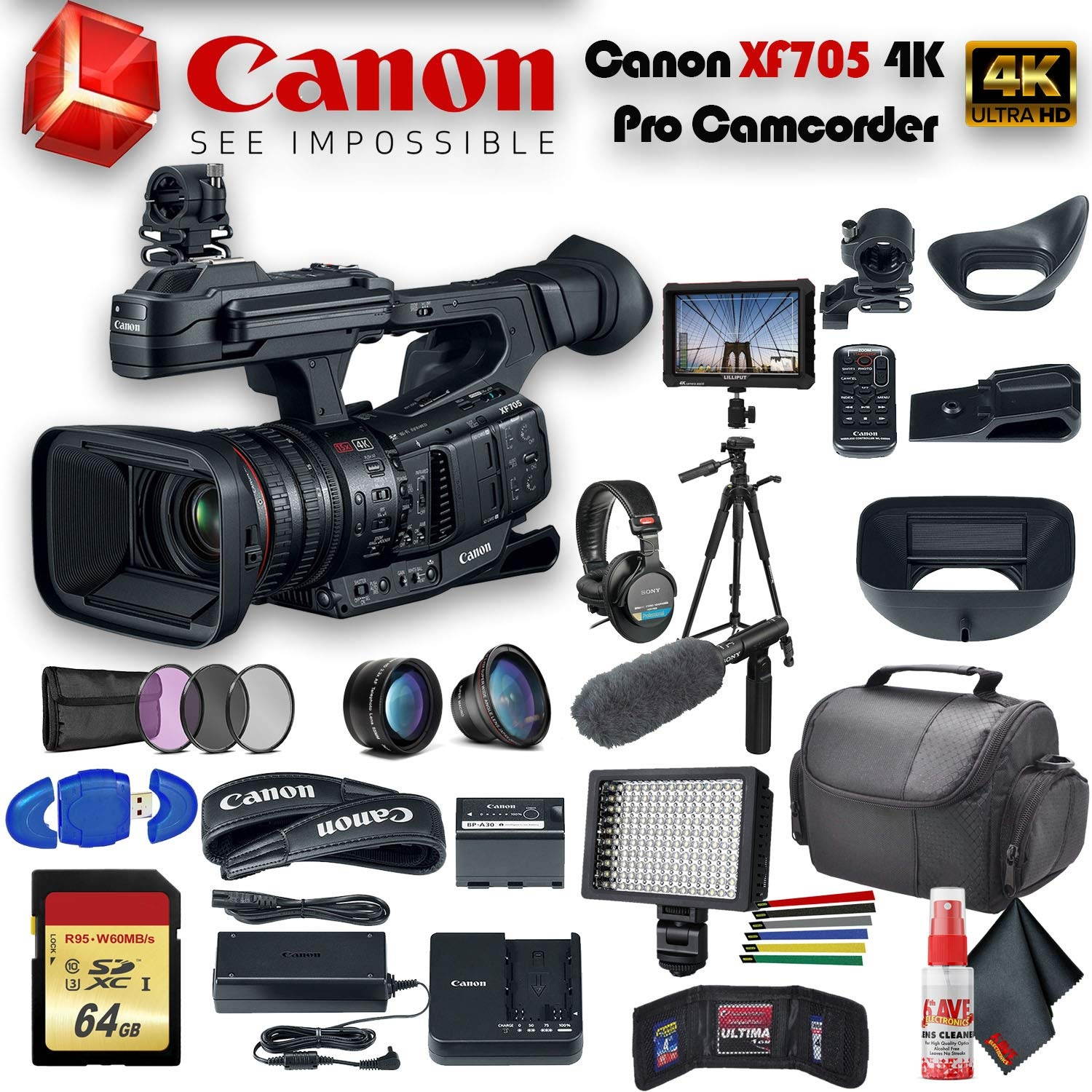 Canon XF705 4K 1" Sensor XF-HEVC H.265 Pro Camcorder (3041C002) With Tripod, Padded Case, LED Light, 64GB Memory Card, Sony Headphones External 4K Monitor, Sony ECM-VG1 and More Advanced Plus Bundle