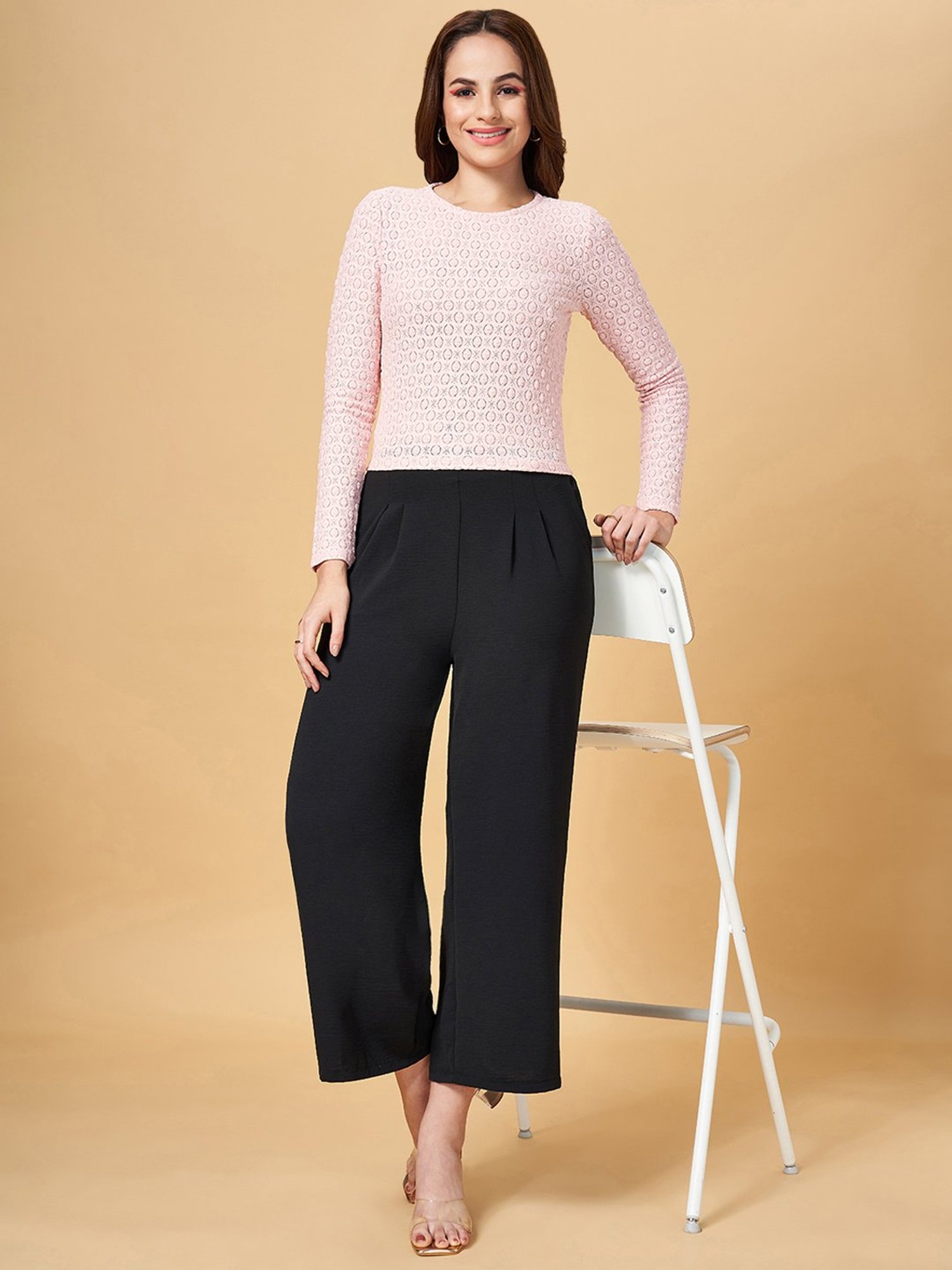 People by Pantaloons Pink Self Pattern Top