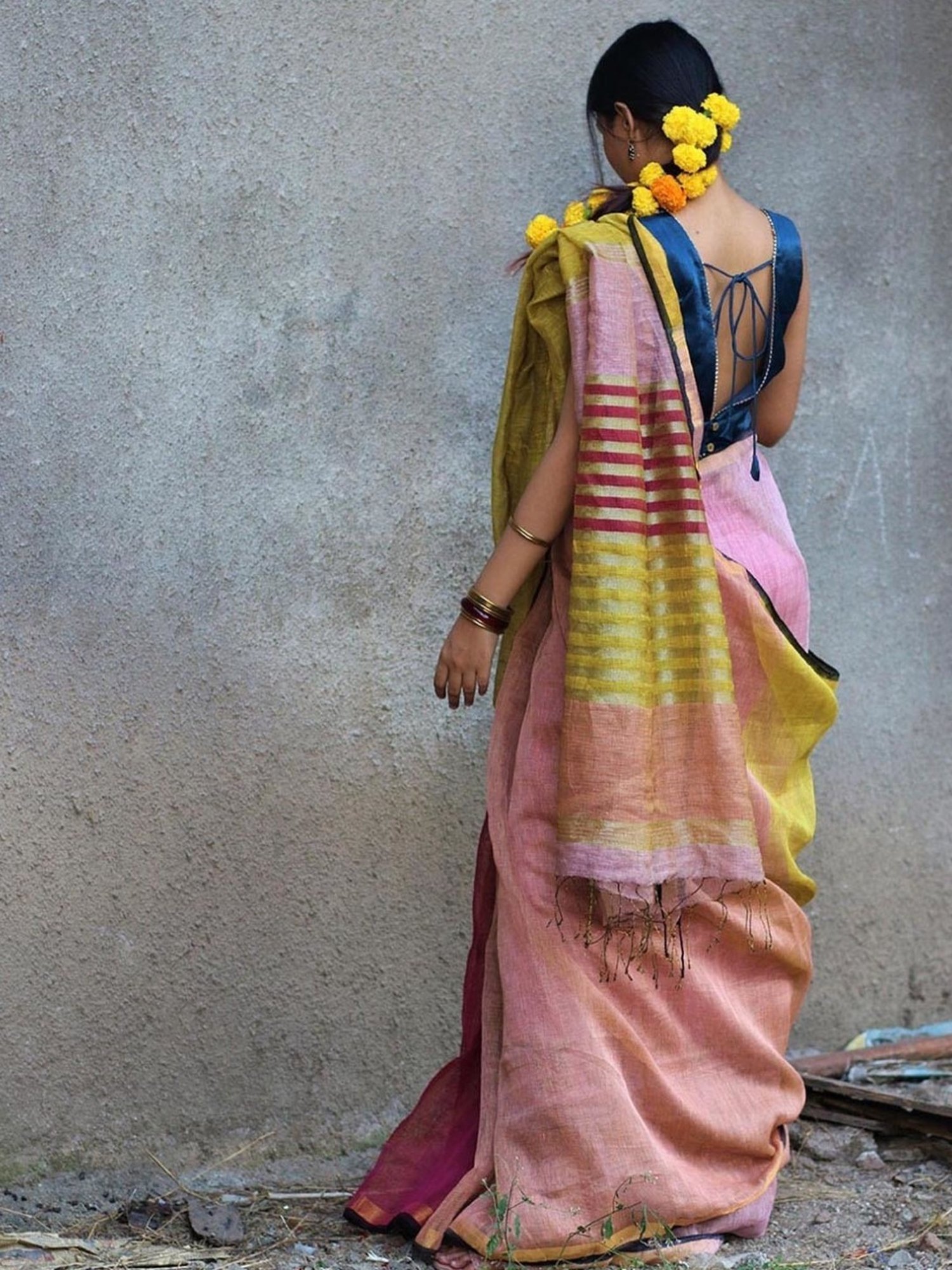 Chidiyaa Aashnaa Yellow Pink Lilac Handwoven Linen Zari Saree Gazala