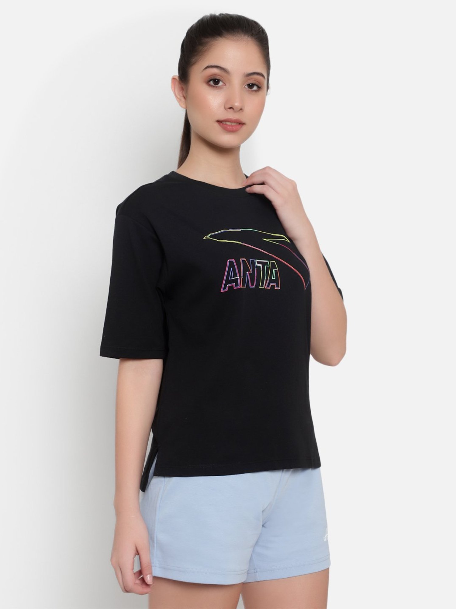 Anta Black Cotton Printed Sports T-Shirt