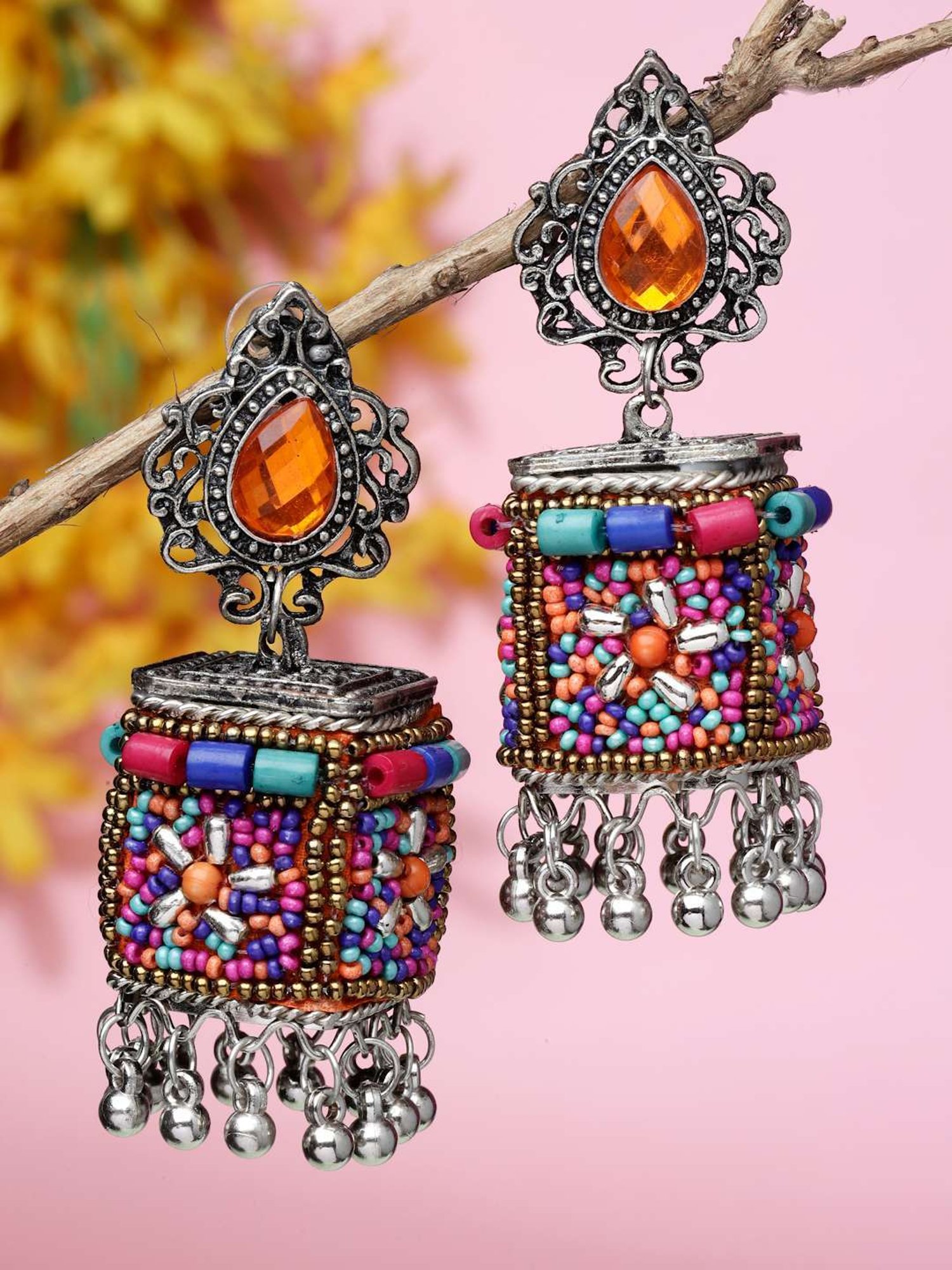 Moedbuille Multi Beads and Stones Afghan Design Oxidised Silver Plated Handcrafted Earrings