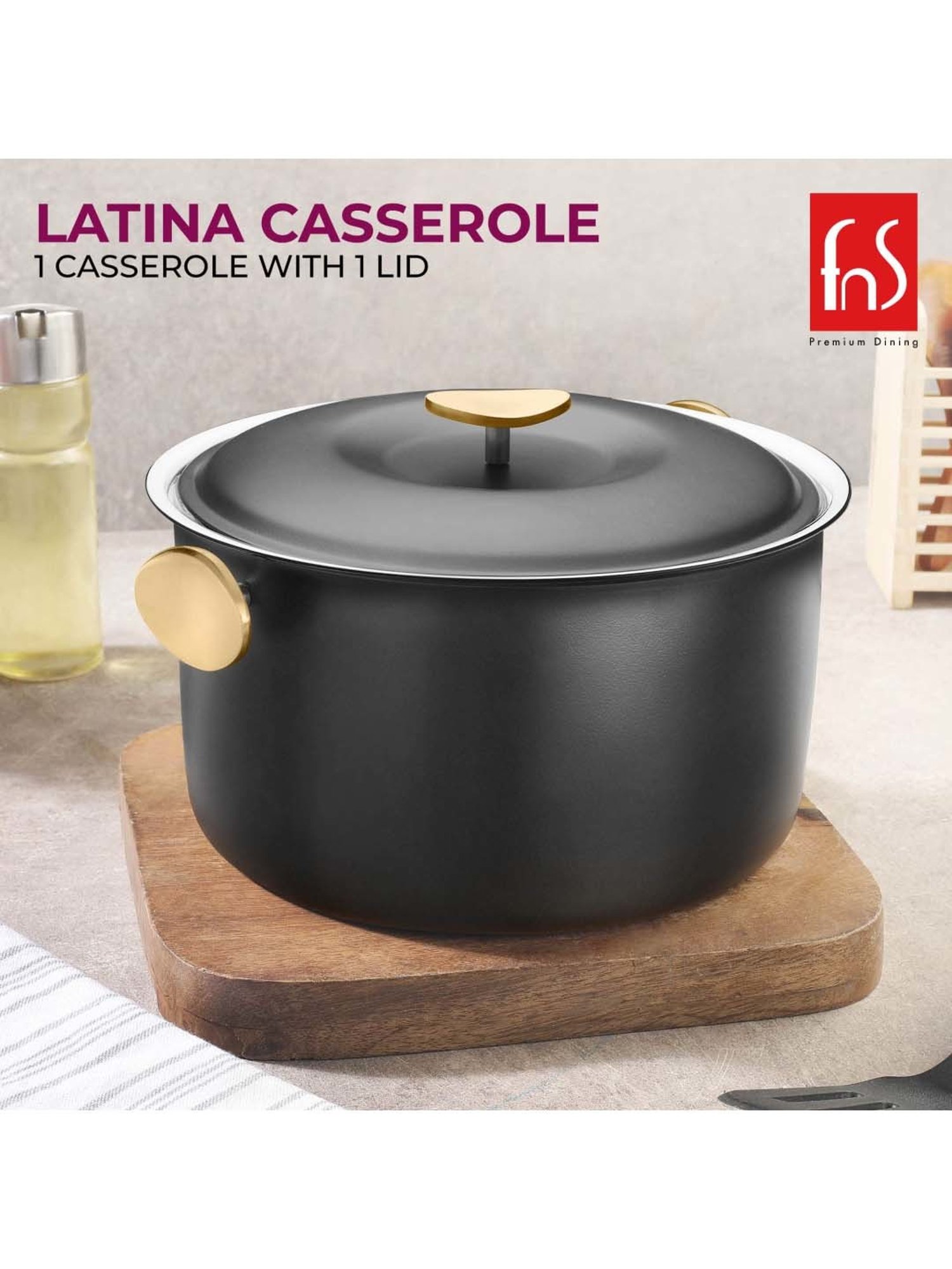 FnS Latina Black Stainless Steel Casserole With Lid (2.2 L)