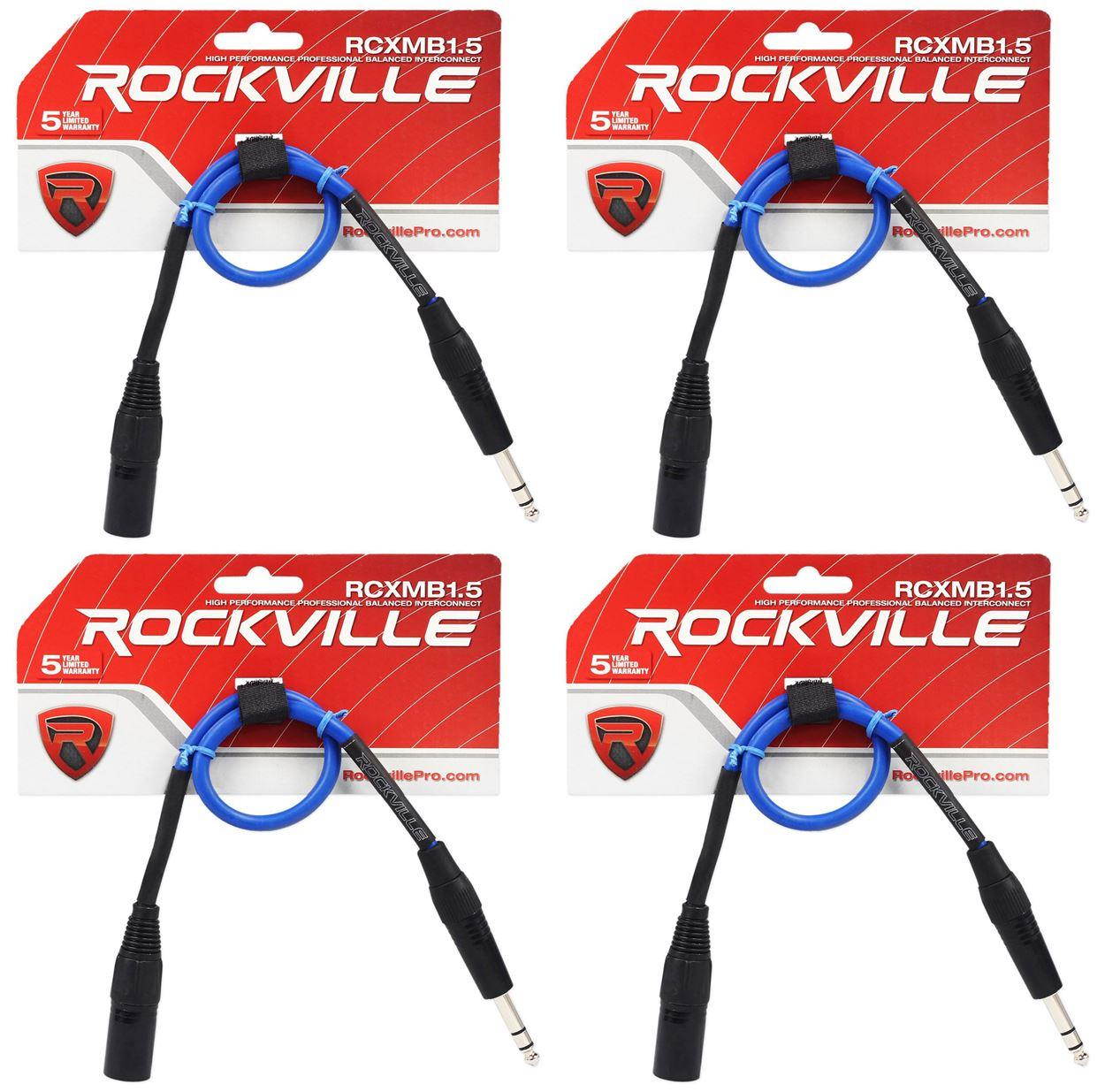 4 Rockville RCXMB1.5BL Blue 1.5' Male REAN XLR to 1/4'' TRS Balanced Cables