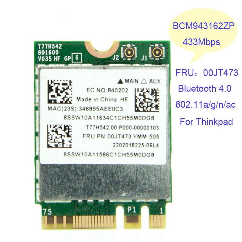 Plugadget BCM943162ZP 802.11AC WLAN Card 2.4G 5G 433M Wifi + Bluetooth 4.0 NGFF 00JT473 for Lenovo G50-30 45 70 70M Z50-70-75 E455 E555