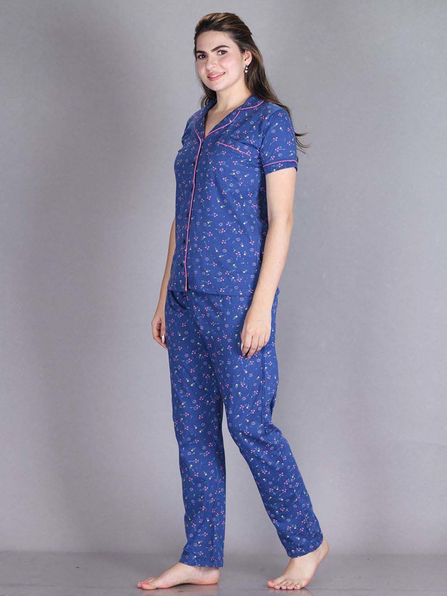 Lyra Indigo Blue Cotton Printed Shirt Pyjama Set