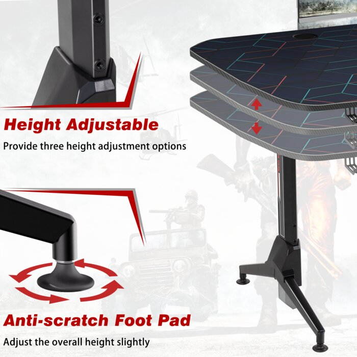 Homall 60 Inch Gaming Desk PC Computer Desk Large Desktop Home Office Table T-shaped Frame Gamer Workstation with Full Desk Mouse Pad, Gaming Handle Rack, Cup Holder and Head Set Rack (Black)