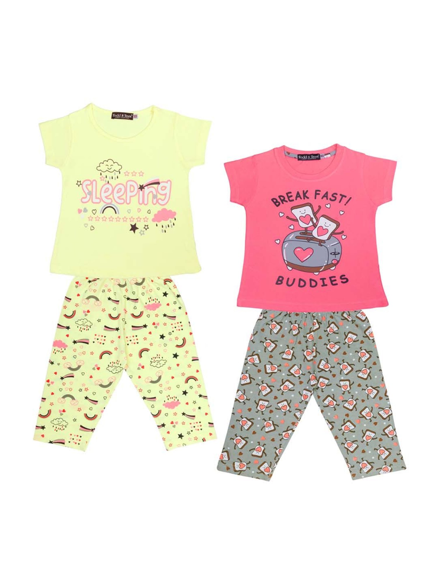 Todd N Teen Kids Yellow & Pink Cotton Printed T-Shirt & Capris - Pack of 2
