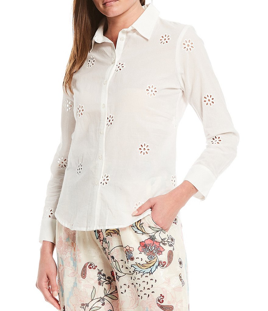 Reba Embroidered Eyelet Button Front Spread Collar Long Sleeve Shirt