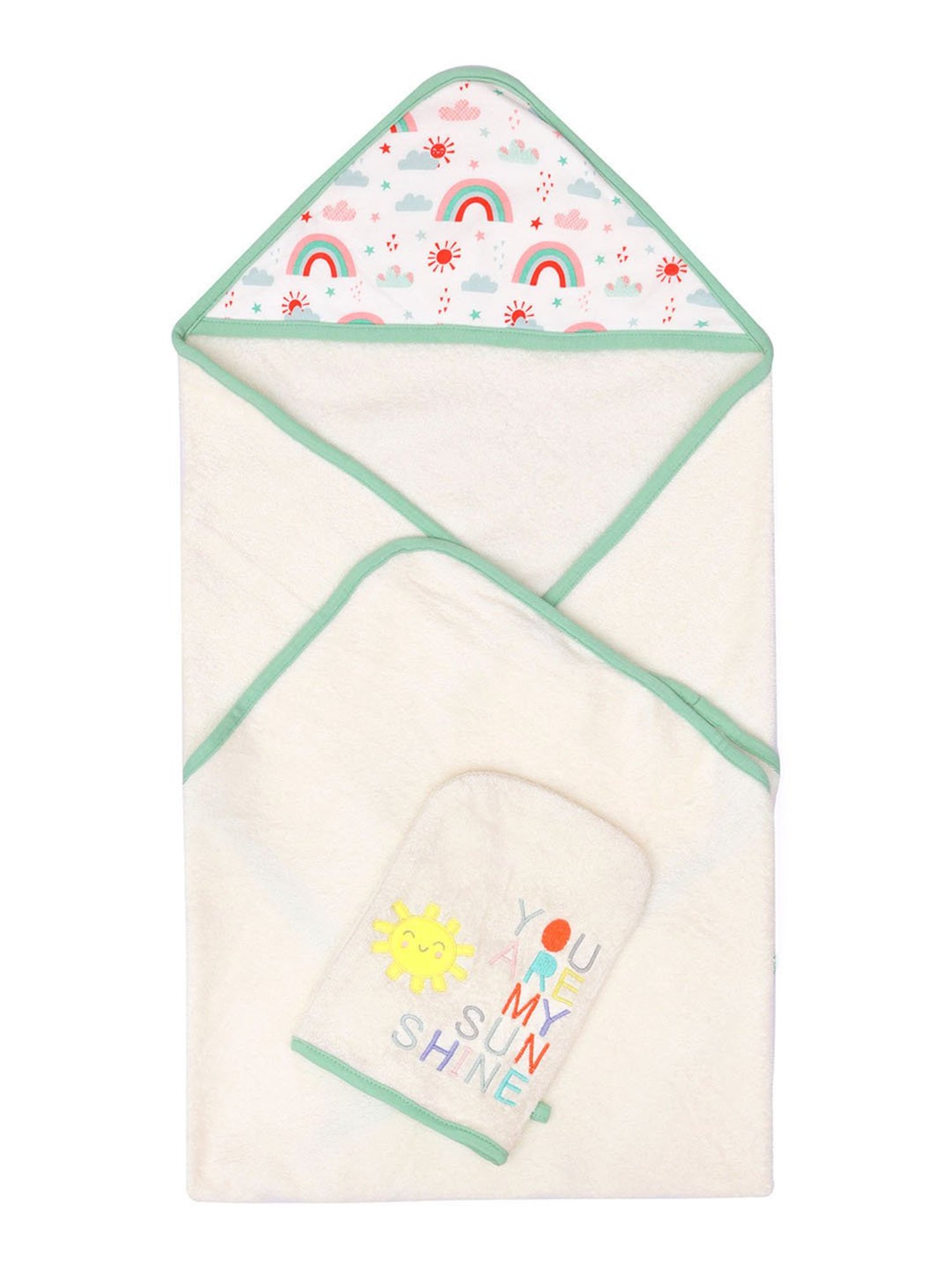 MiArcus Arcus White & Green Cotton 320 GSM Hooded Towel - Set of 1 (6-18 Month)