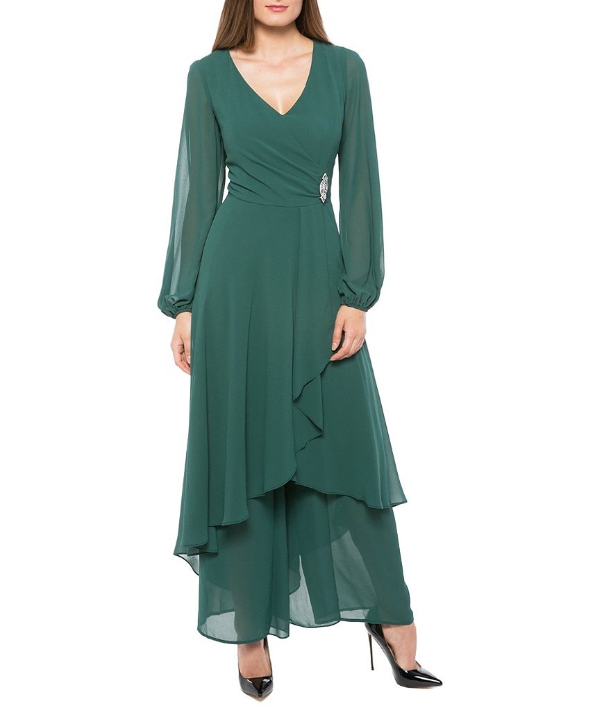 Marina Chiffon Overlay Long Sleeve V-Neck Jumpsuit