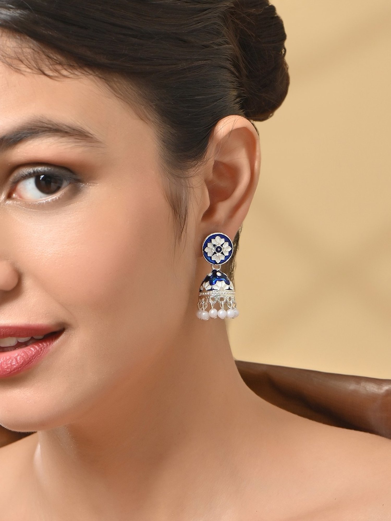 Fida Navy Blue and Silver Plated Pearl Meenakari Jhumki Earrings for Women