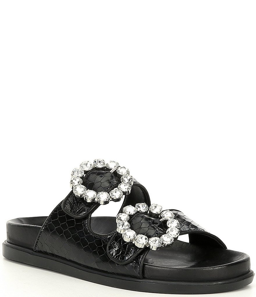 Schutz Ariel Leather Crystal Buckle Detail Flatform Footbed Sandals