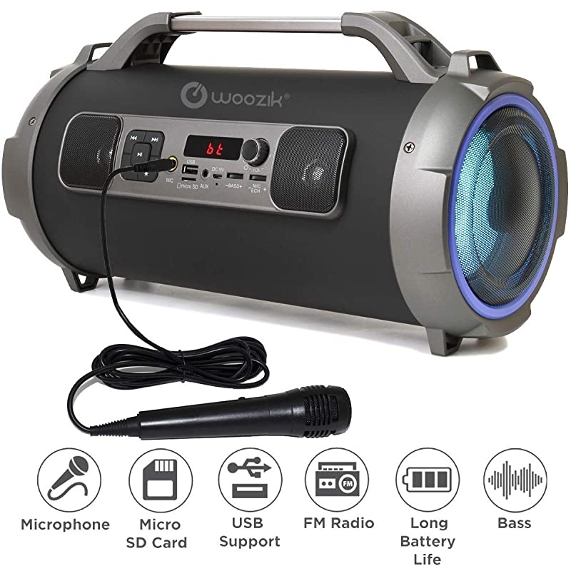 Rockit Pro Wireless Speaker, Indoor Outdoor Wireless Boombox with FM Radio, and Micro SD Card, USB, MIC, and Aux 3.5mm Support, Microphone for Karaoke Machine, Party, LED Lights and Subwoofer
