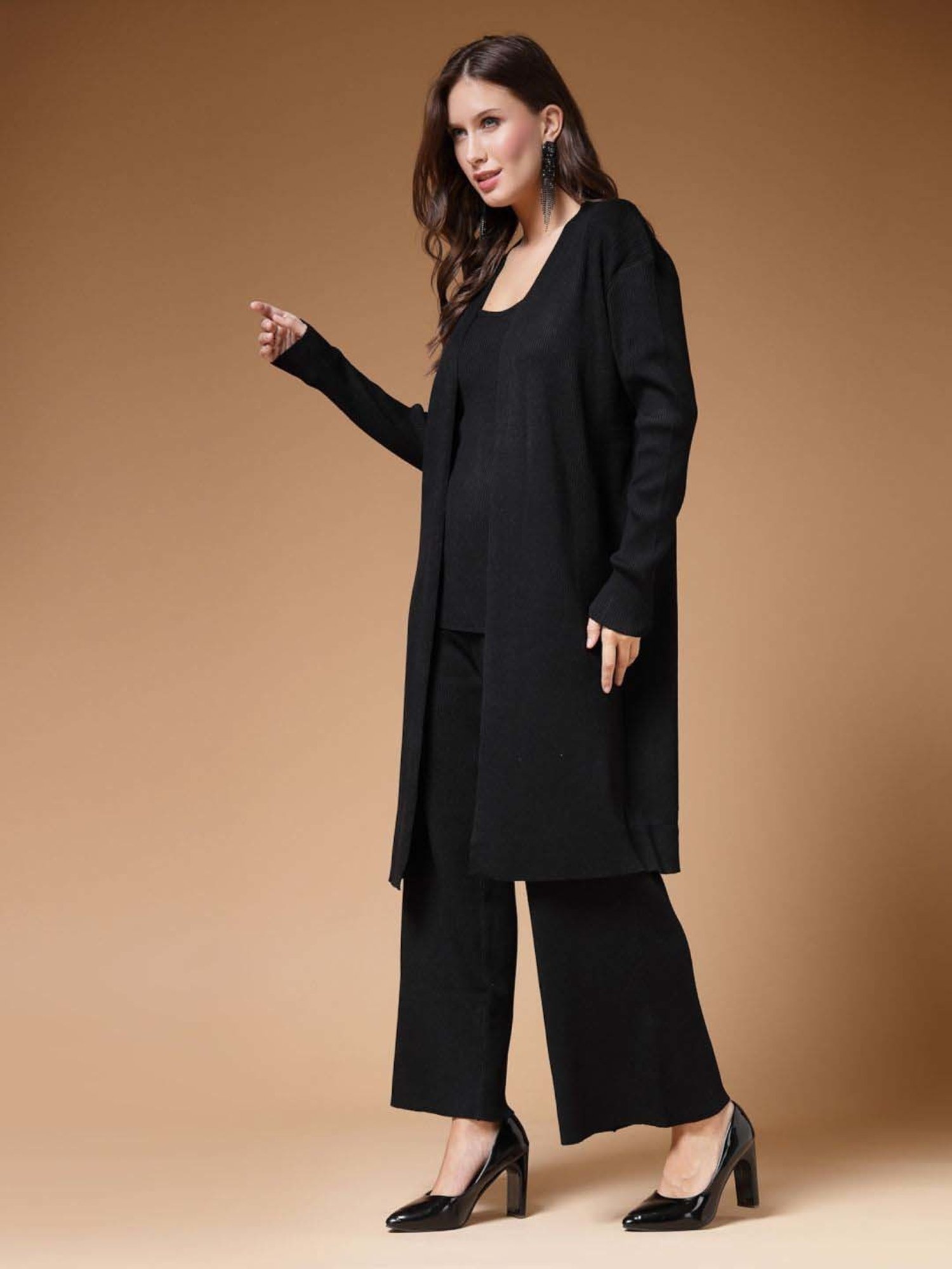 Mafadeny Black Plain Top Pants Set With Shrug