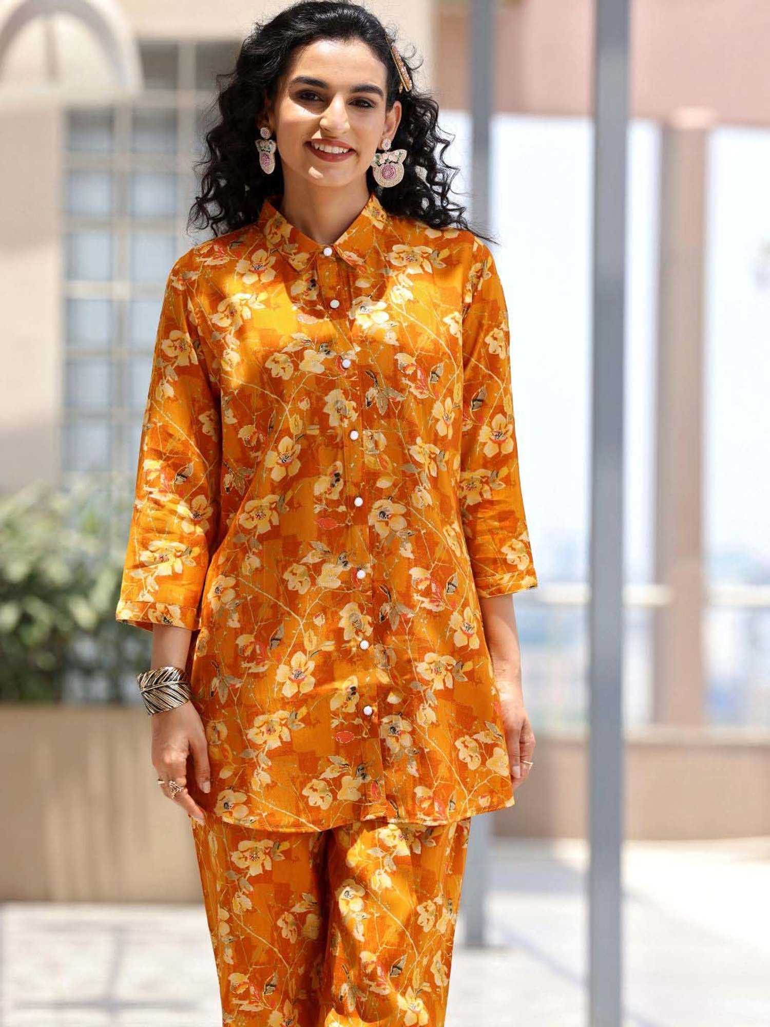 Libas Mustard Printed Silk Blend Co-Ords