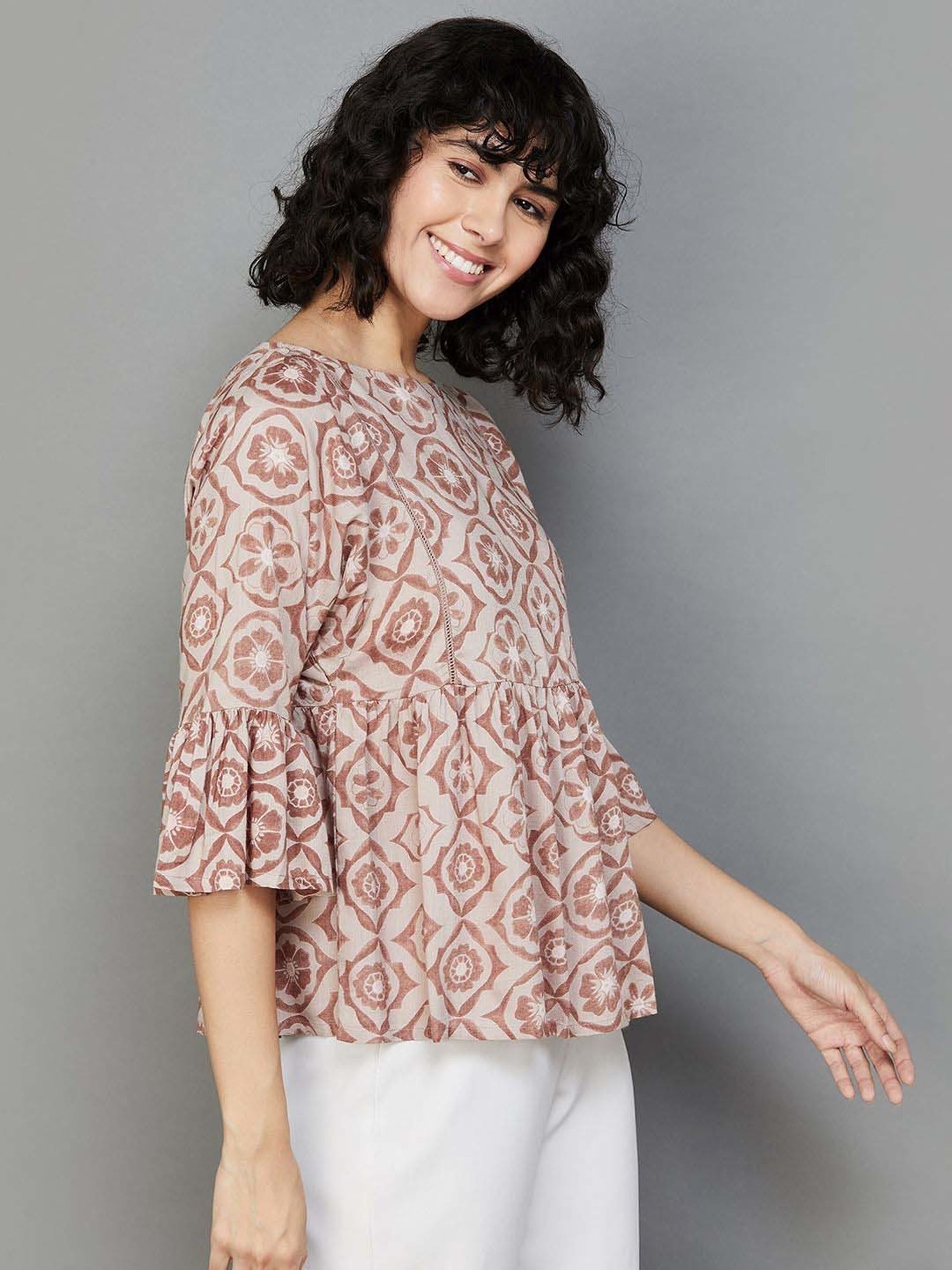Colour Me by Melange Beige Printed Top
