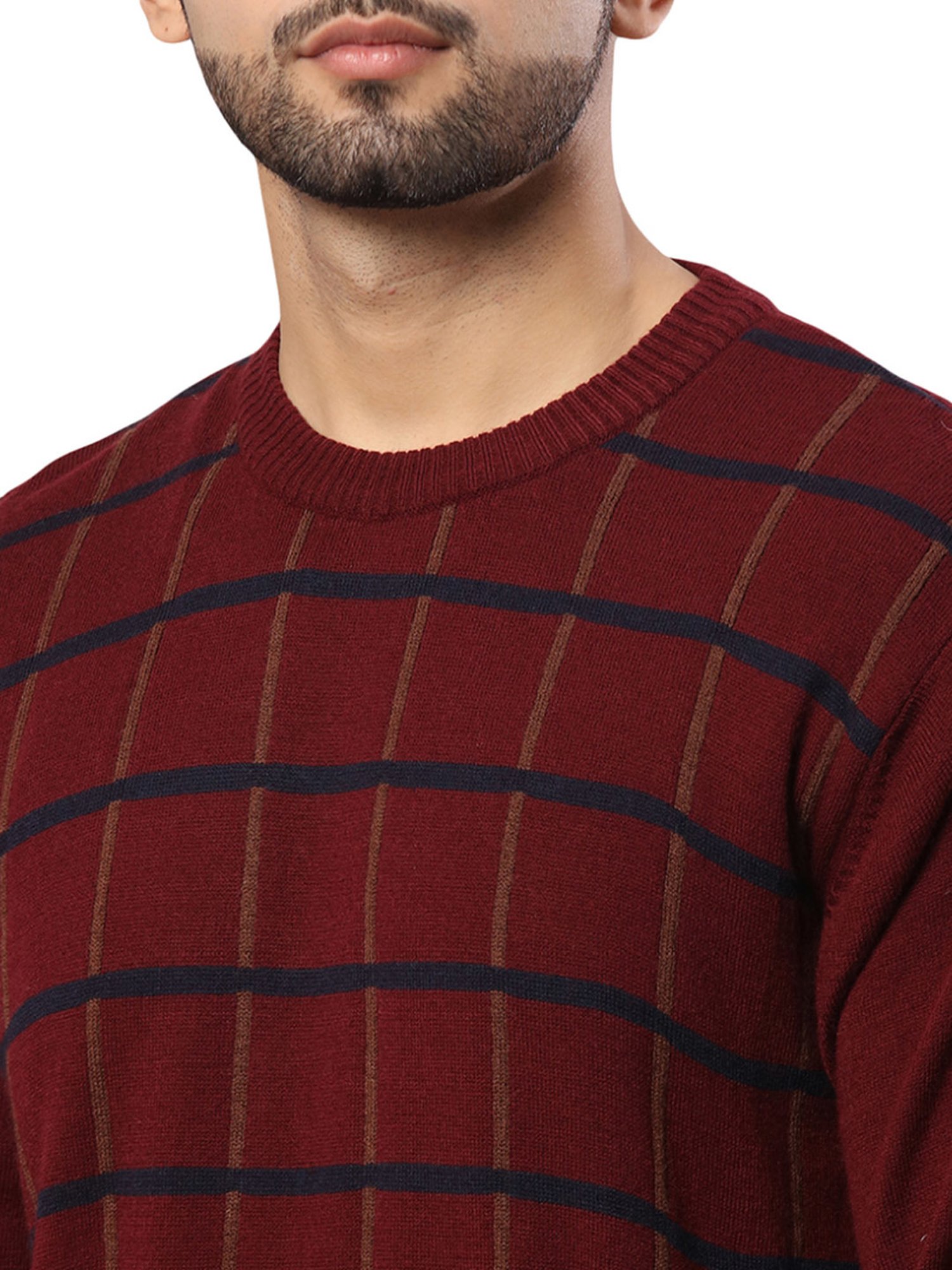 Raymond Maroon Regular Fit Checks Sweater