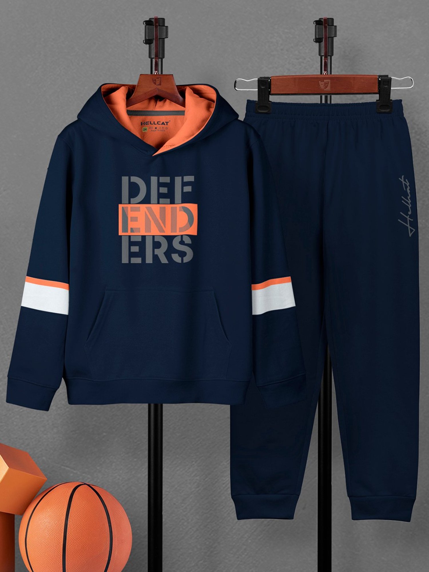 HELLCAT Kids Navy Printed Full Sleeves Hoodie T-Shirt with Trackpants