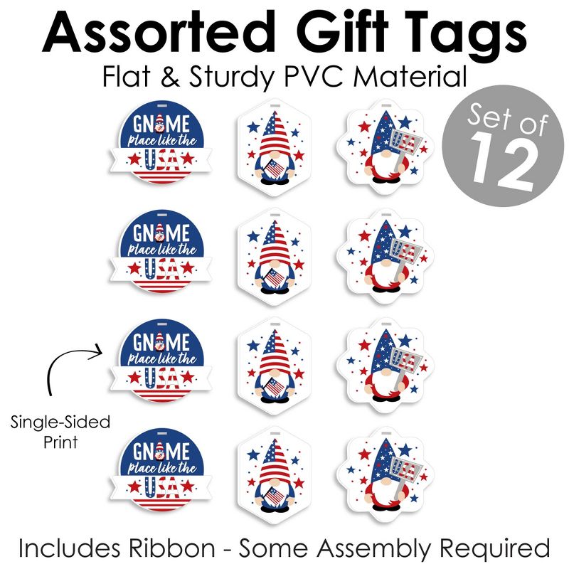 Big Dot of Happiness Patriotic Gnomes - Assorted Hanging Memorial Day, 4th of July and Labor Day Gnome Party Favor Tags - Gift Tag Toppers - Set of 12