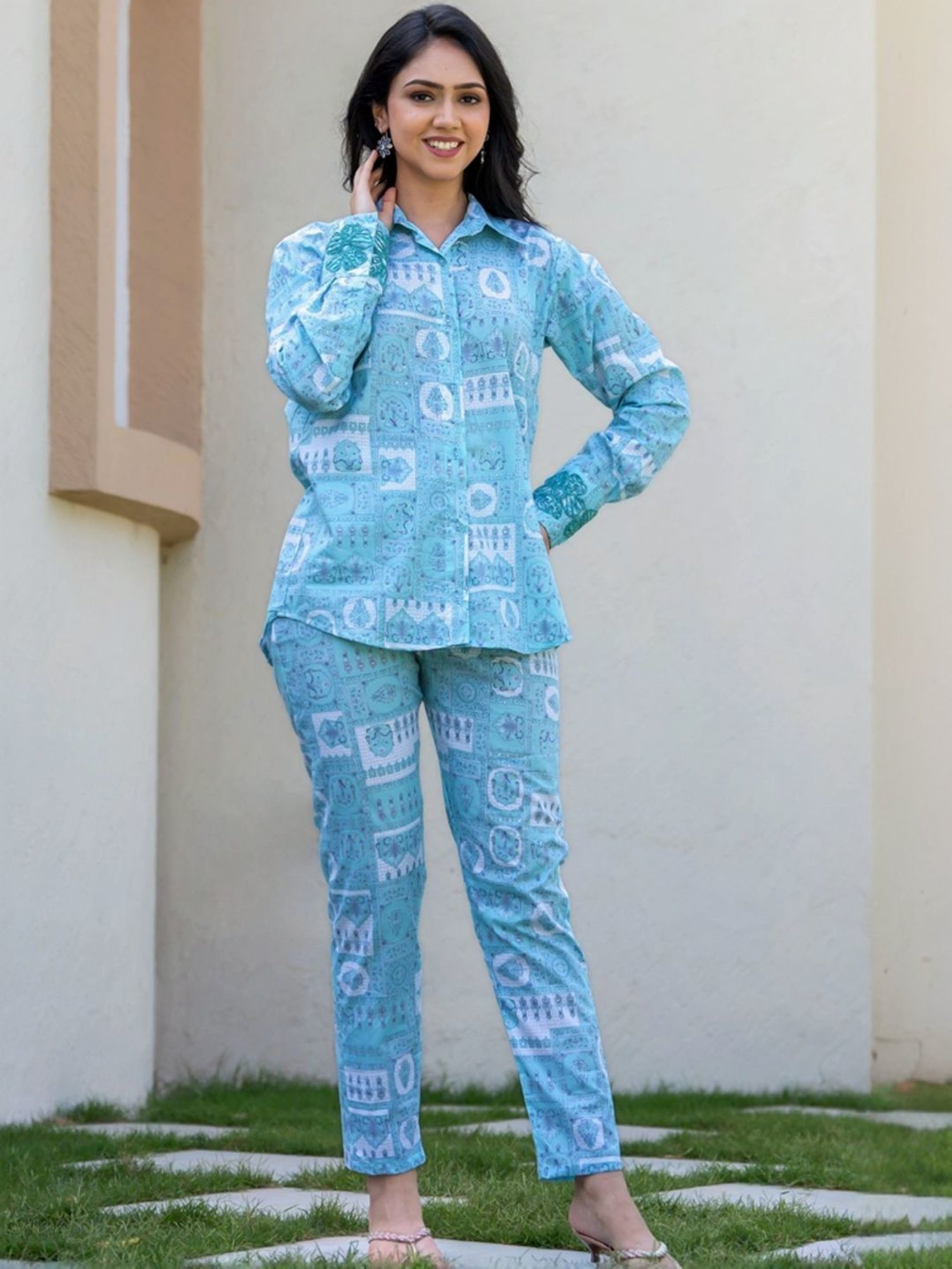 HOUSE OF JAMOTI Blue Cotton Printed Tunic Pant Set