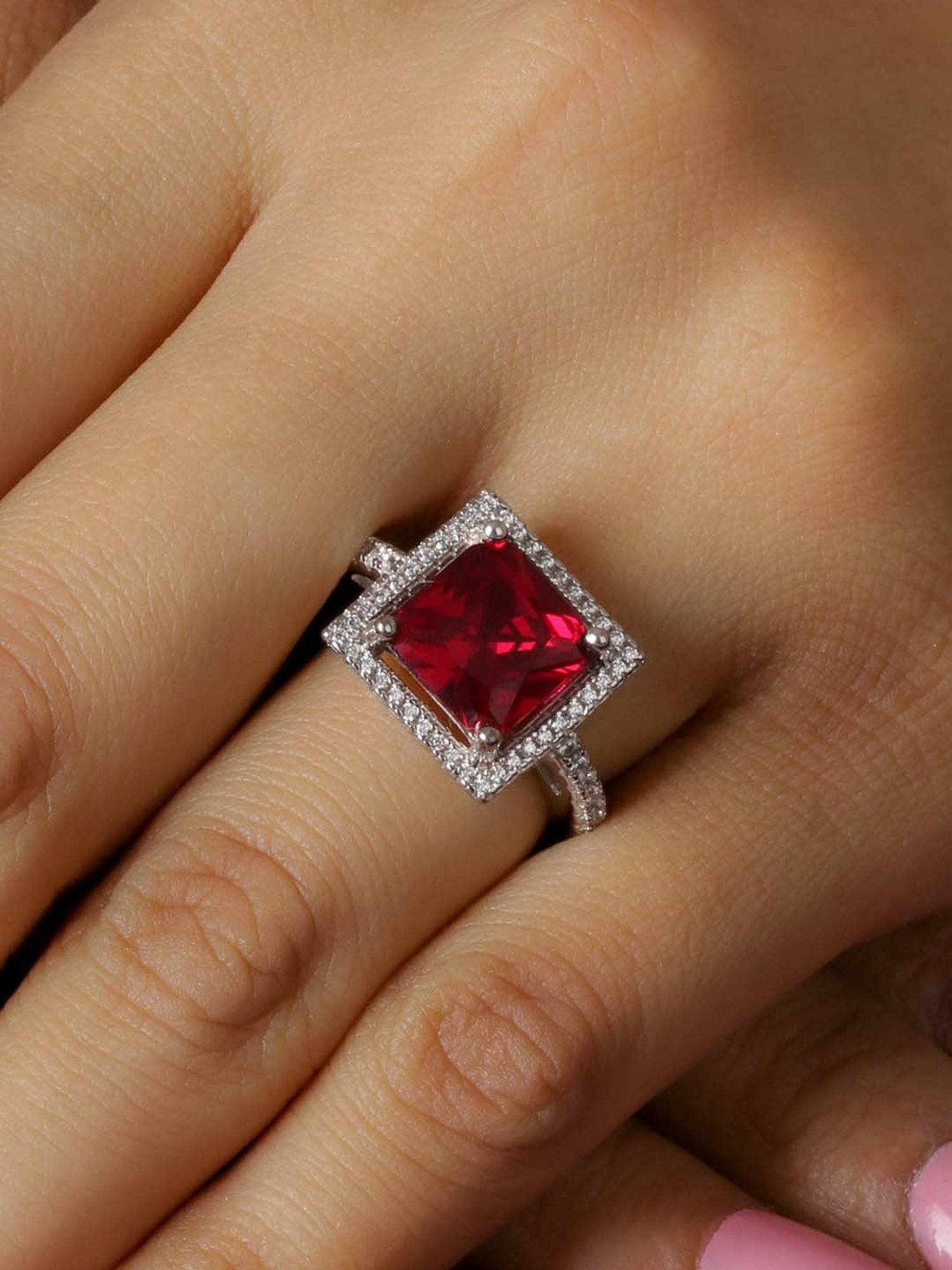 925 Silver Princess Cut Red Ruby and American Diamond Halo Wedding Ring for Women & Girls