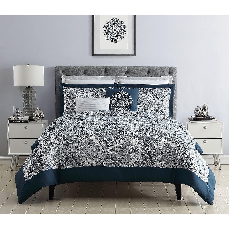 VCNY Home Yorkshire Jacquard Navy Medallion Comforter Set - Blue 7 Piece King
