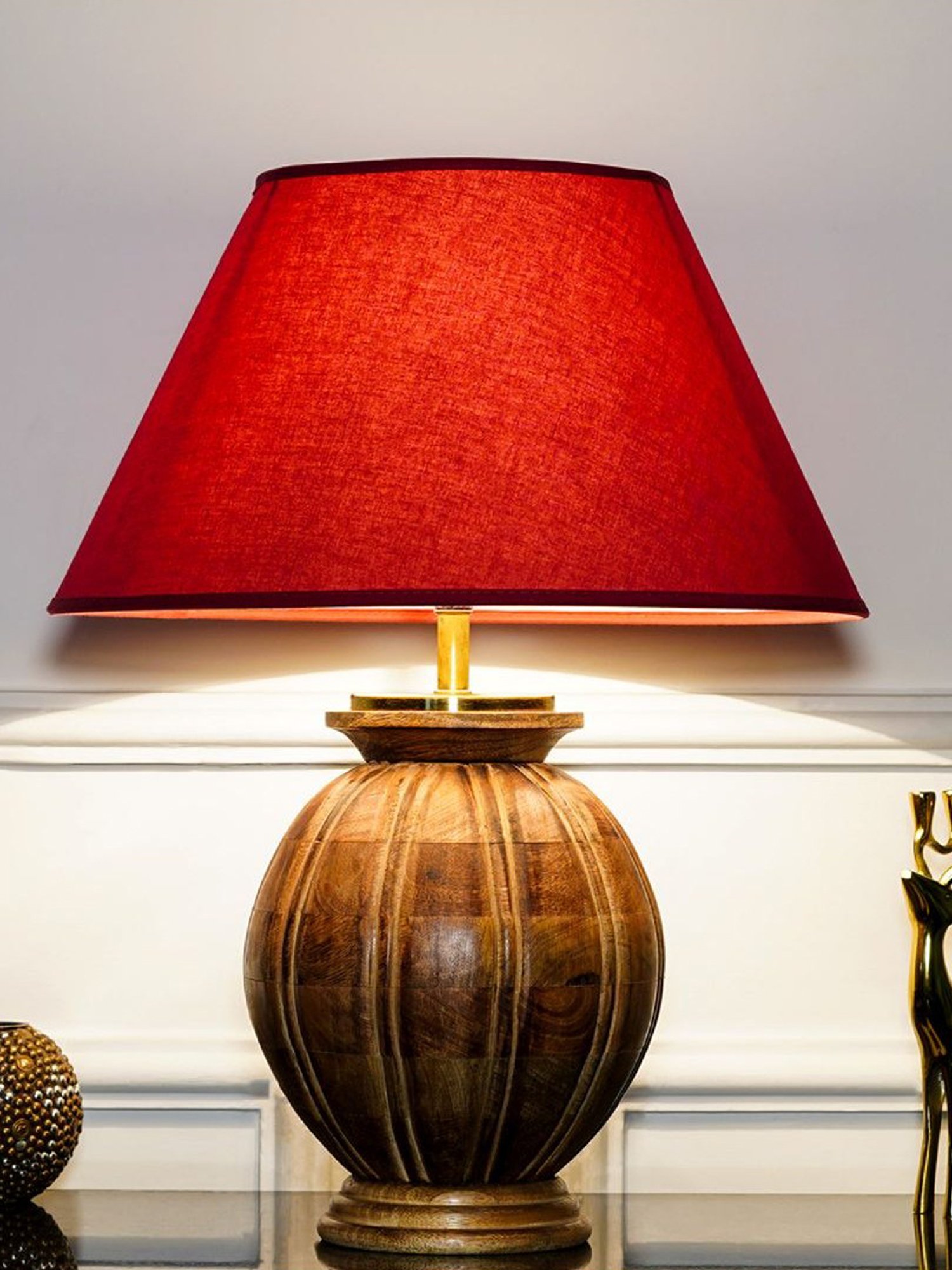 Kapoor Lamp Shades Natural Wood & Red Wood Astros Carved Cotton Shade Table Lamp